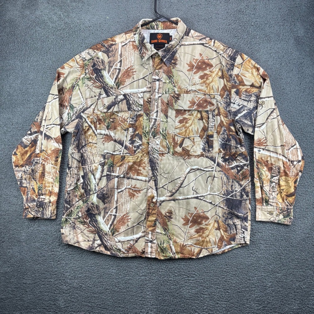 Game Winner Mens 2XL Camo Realtree Long‎ Sleeve Button Up Shirt 100% Cotton